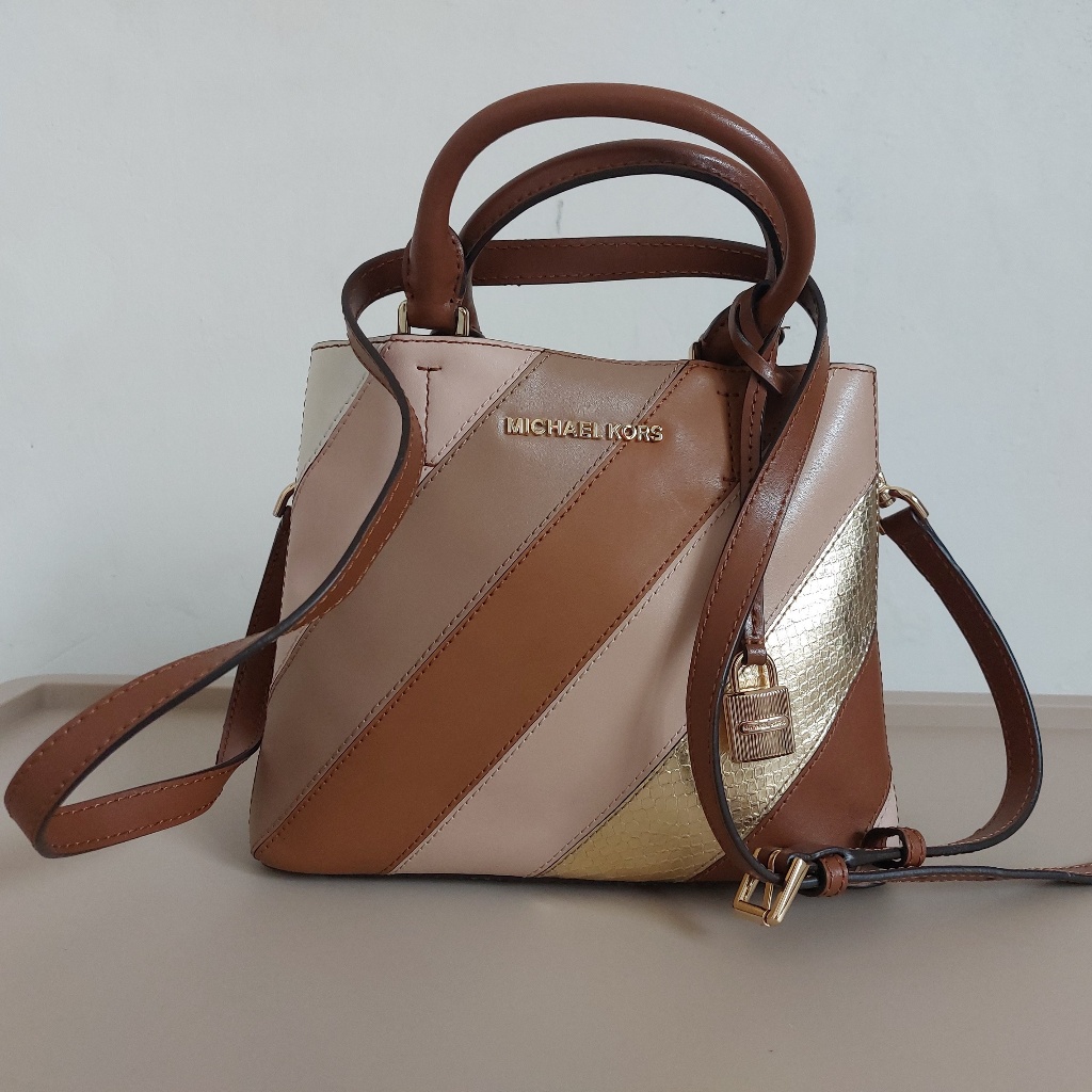 Michael Kors preloved ori tas hobo selempang tali panjang bahan kulit corak diagonal warna warni cok