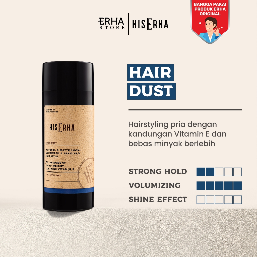 HIS ERHA Hair Dust/Powder 12g - Hairstyling Pria Untuk Rambut Bervolume, Bertekstur, Bebas Lepek/ Mi