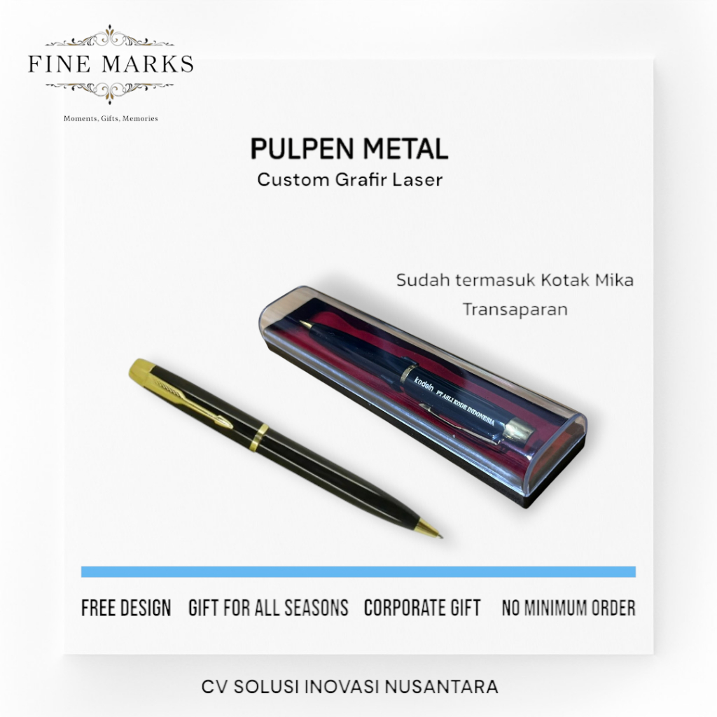 

Pulpen Pena Metal Custom – Souvenir Kantor Seminar Pelatihan Hadiah Promosi - Cetak Grafir Logo Nama - FINE MARKS