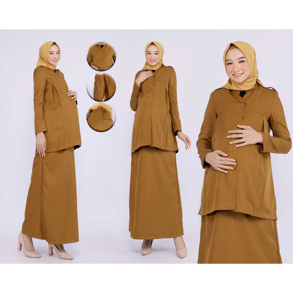 Seragam Kerja Baju Ibu Hamil Khaky Tua Wanita Setelan Rok.A Katun FRee Hijab