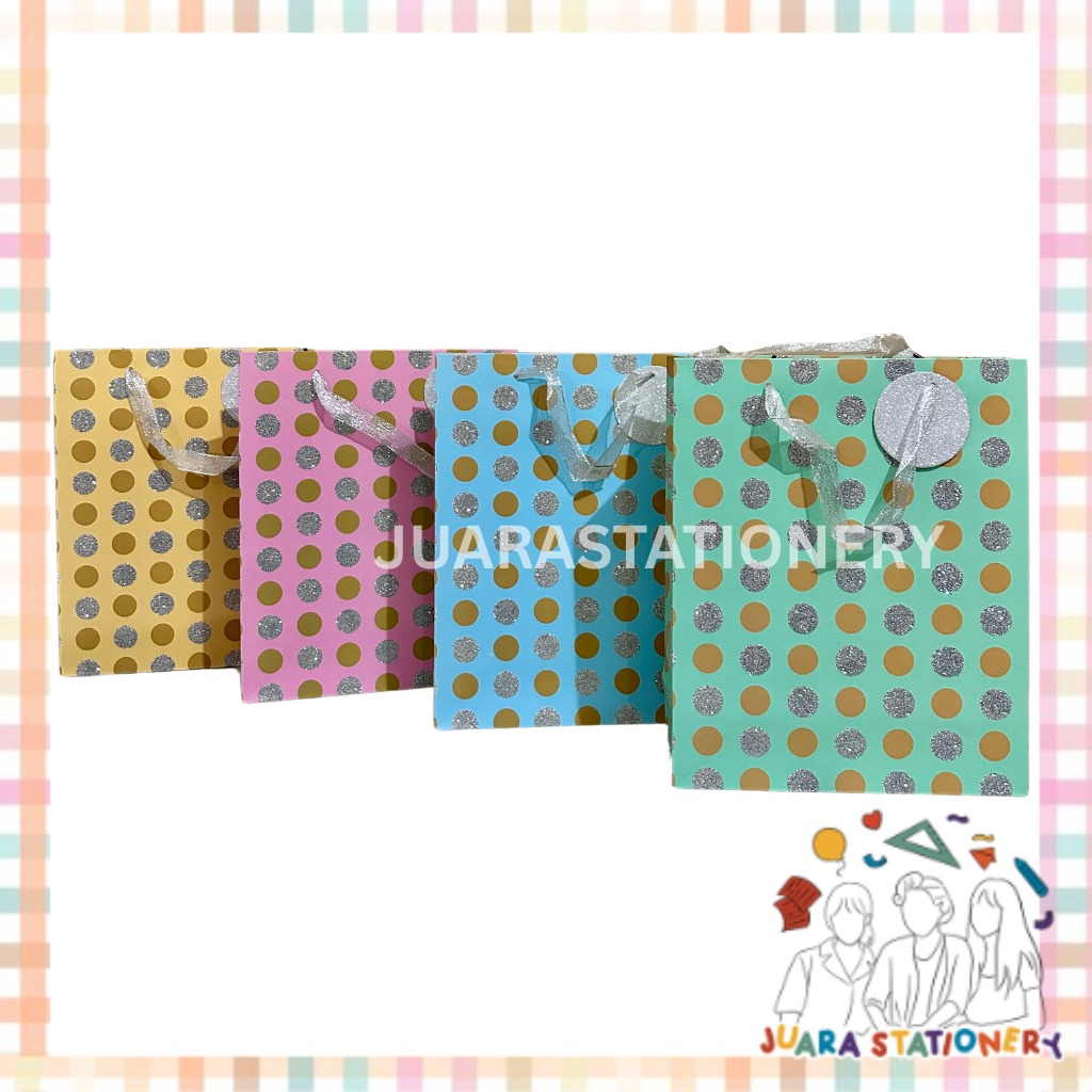 

(1416) JUARASTATIONERY Paper Bag Besar Glitter Polkadot 25.5x9.5x31.5 / Tas Tali Glitter Tas Kado