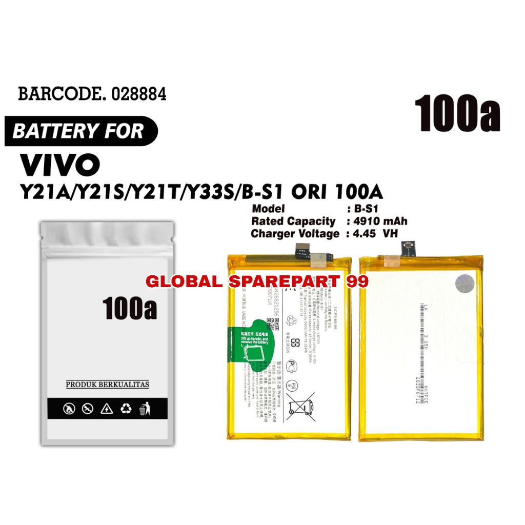 BATERAI (B-S1) VIVO Y21A / VIVO Y21S / VIVO Y21T / VIVO Y33S ORI 100A BATERAI BATTERY BATRE