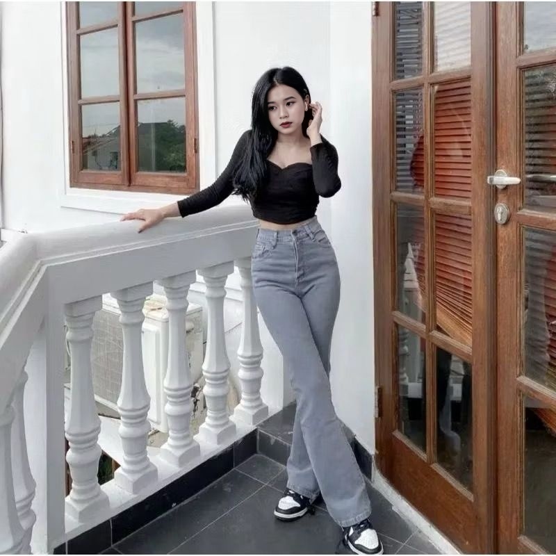 (Alea) Higwaist Cutbray Jeans Wanita Retro Celana Cutbray Jeans