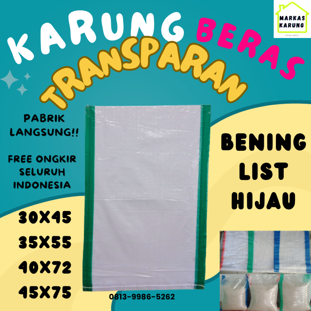 Karung Transparan 5KG 10KG 20KG 25KG 50KG Karung beras Transparan bening List Hijau Markas Karung PA