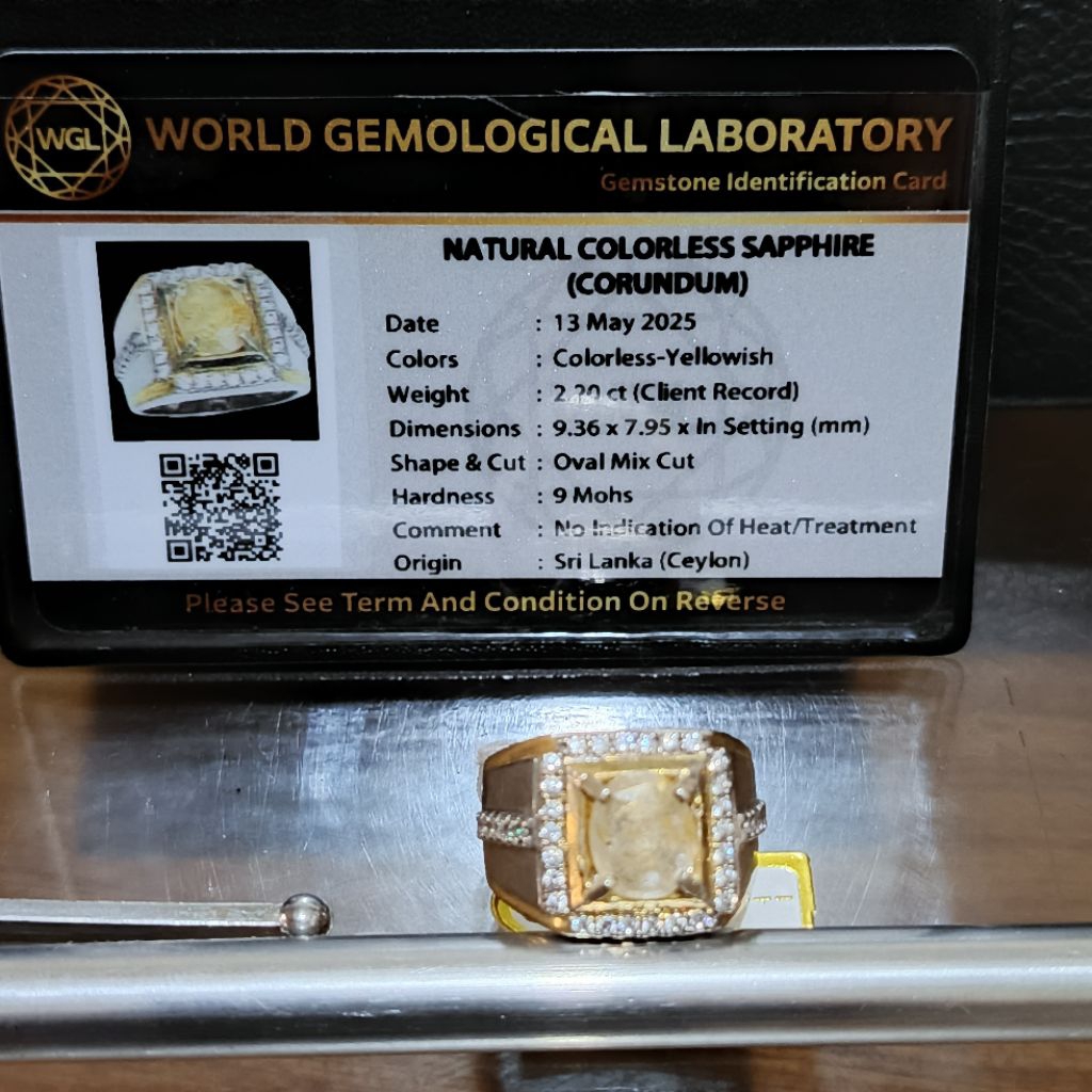 cincin perak natural colorless yellow sapphire srilangka + memo WGL
