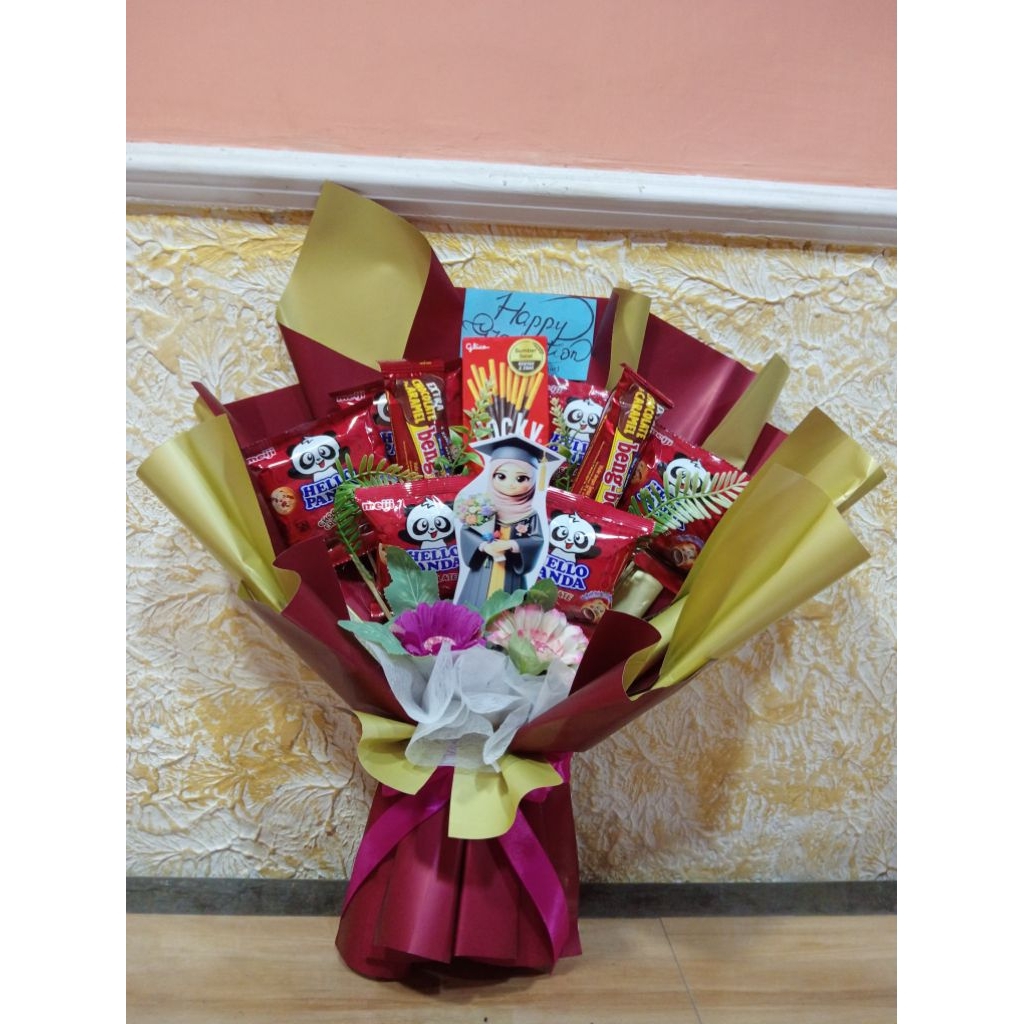 

buket snack-buket Snack dan bunga artificial-kado wisuda souvenir