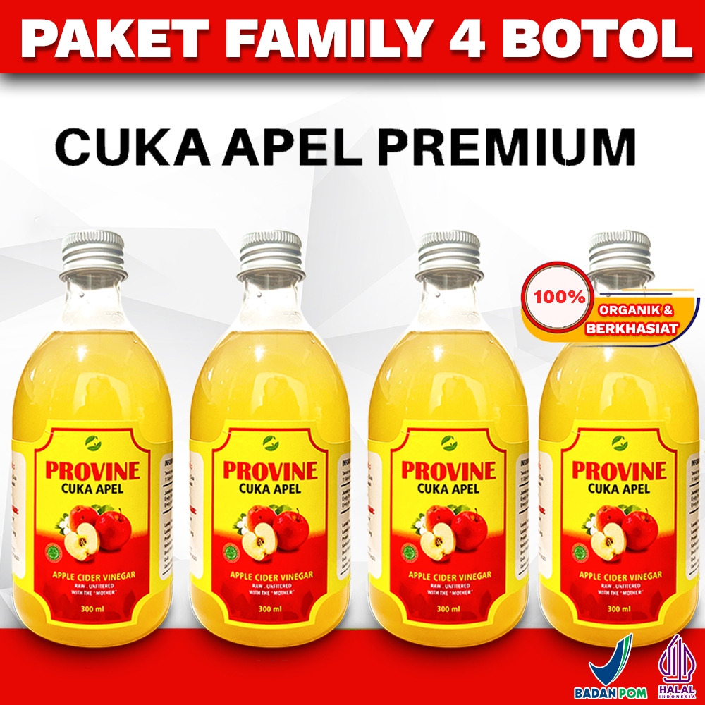 

PAKET 4 BOTOL PROVINE CUKA APEL PREMIUM HALAL & BPOM Apple Cider Vinegar Premium With Mother
