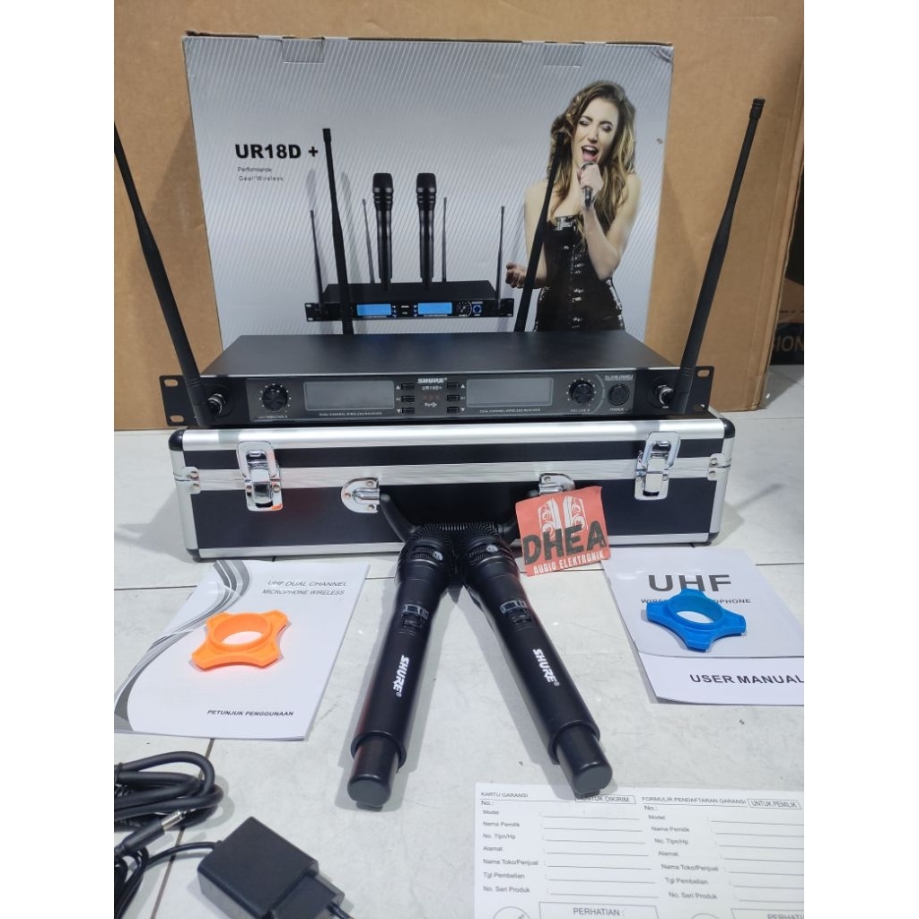 Mic Wireless Shure UR18D+ UR18D UR 18D grade UHF 2 Mic Pegang Koper Hardcase Multi Channel 4 Antena