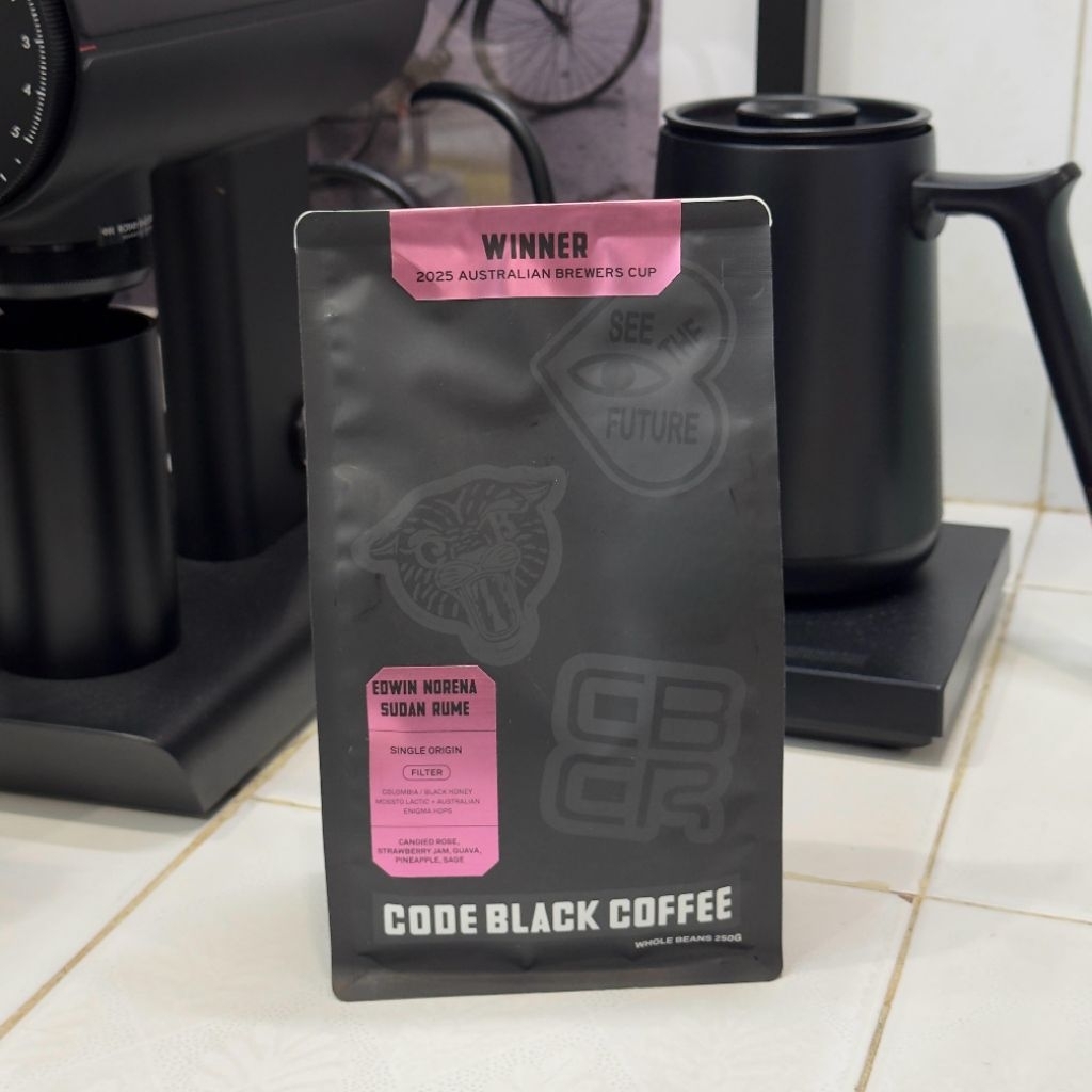 

CODE BLACK COFFEE - Winner Australia Brewers Cup 2025 - Edwin Norea Sudan Rume Shared Beans Kopi