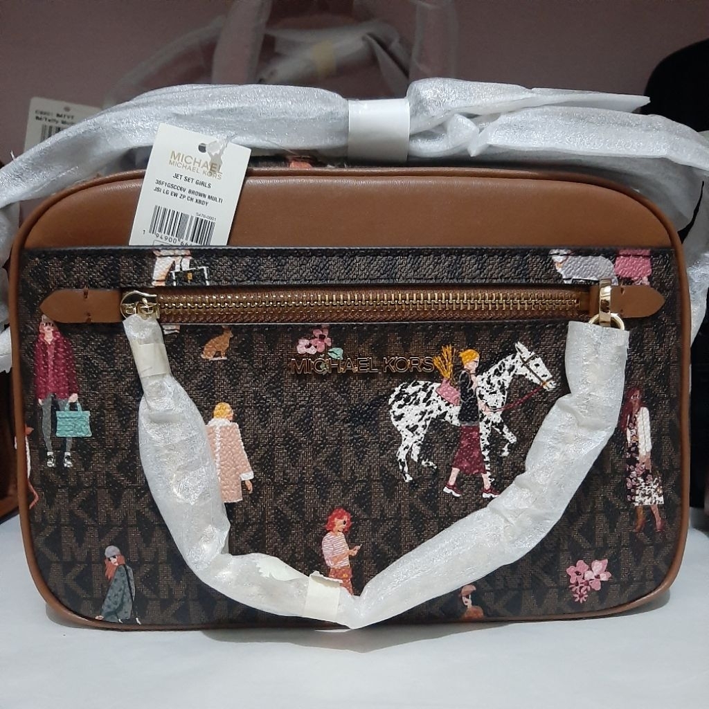 tas selempang & bahu wanita MK Jet Set Girls Large crossbody brown multi