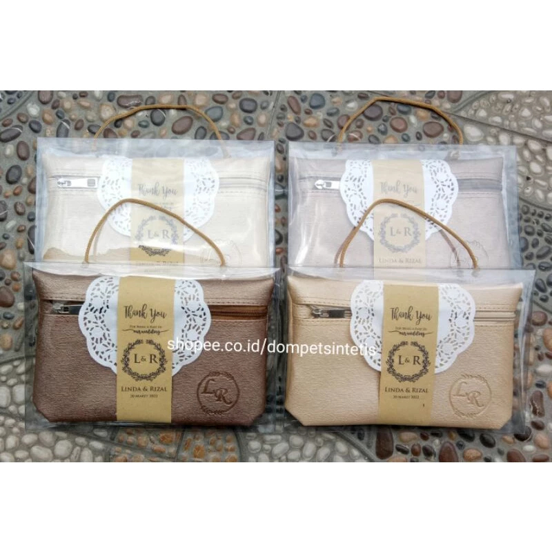 Souvenir Pernikahan Front Zipper Pouch Box Mika Dompet Berkualitas Custom Emboss Unik Pouch Souvenir