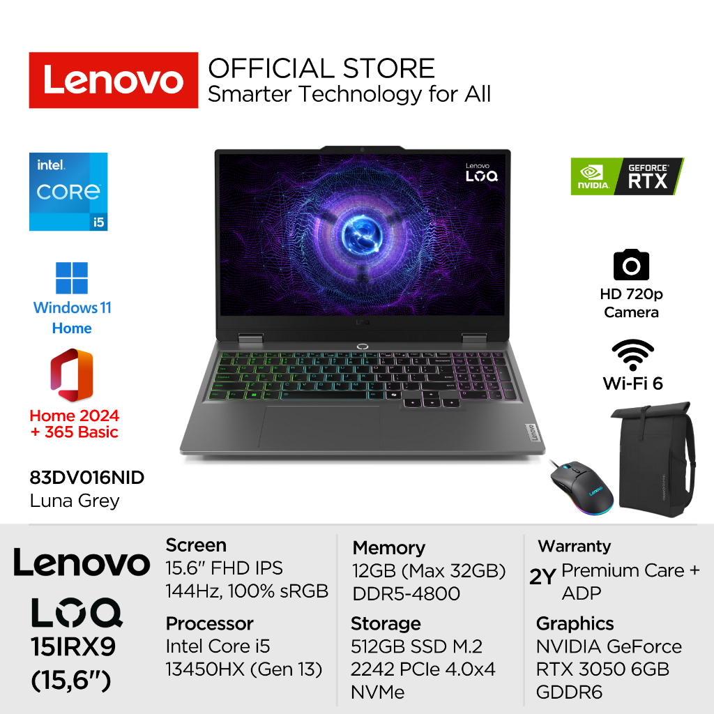 Lenovo LOQ Gaming 15IRX9 6NID Intel Core i5 13450HX Win11 12GB 512GB SSD NVIDIA RTX 3050 6GB 15.6" F