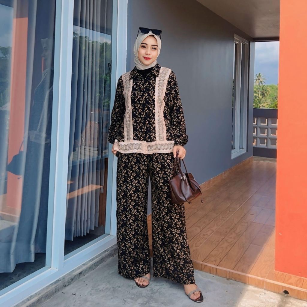 Set Kemeja Motif Renda Bordir Celana Kulot Katun Rayon Viscose