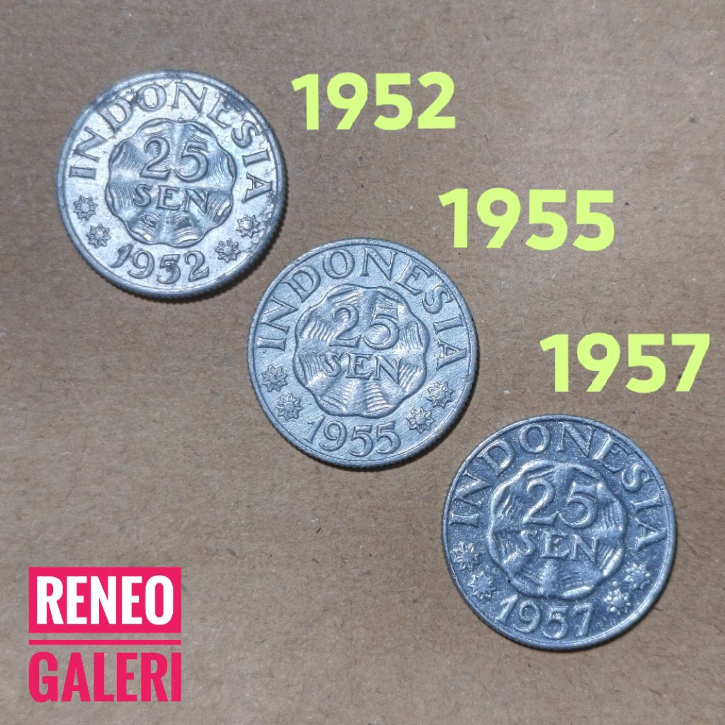VF Paket tahun lengkap 25 Sen Indonesia Garuda Set Uang koin Kuno 1952 1955 1957 logam asli original