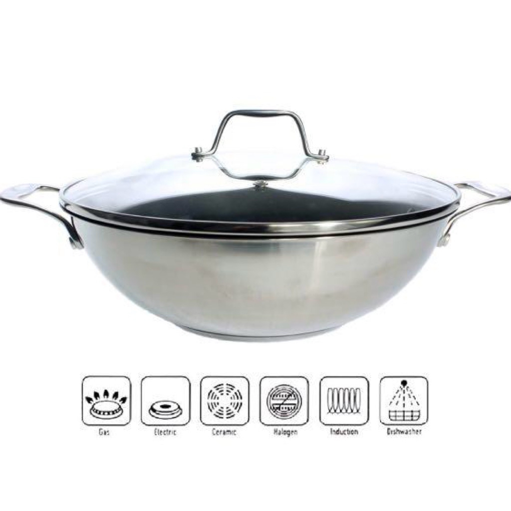 [ NEW ] Royalvkb Wok 36cm Wajan Stainless Steel Panci Masak Royal VKB dengan Tutup Kaca Induksi Pana