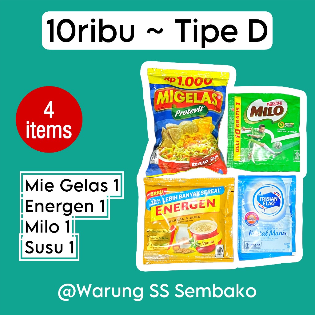 

Paket Sembako 10ribu Tipe D - Mie Gelas Milo Energen Susu Kental Manis
