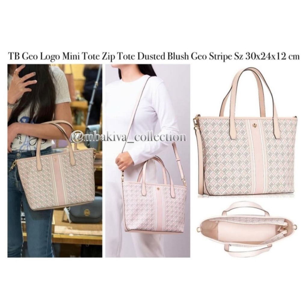 TB Geo Logo Mini Tote Zip Tote Dusted Blush Geo Stripe