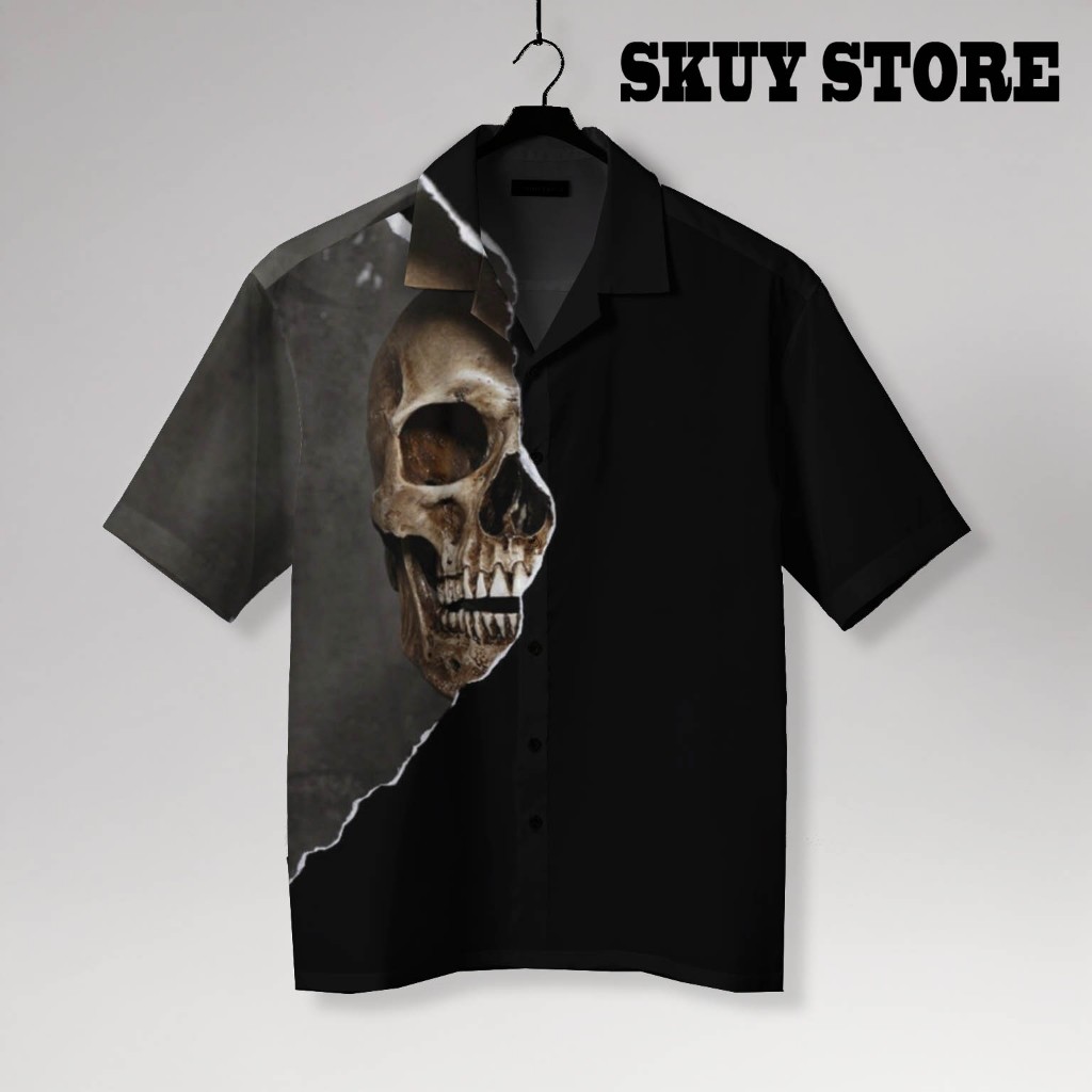 SKUY STORE Kemeja Fullprint Skull Ilusi Hitam – Kemeja Unisex Streetwear Gothic Dark Art | SK0034