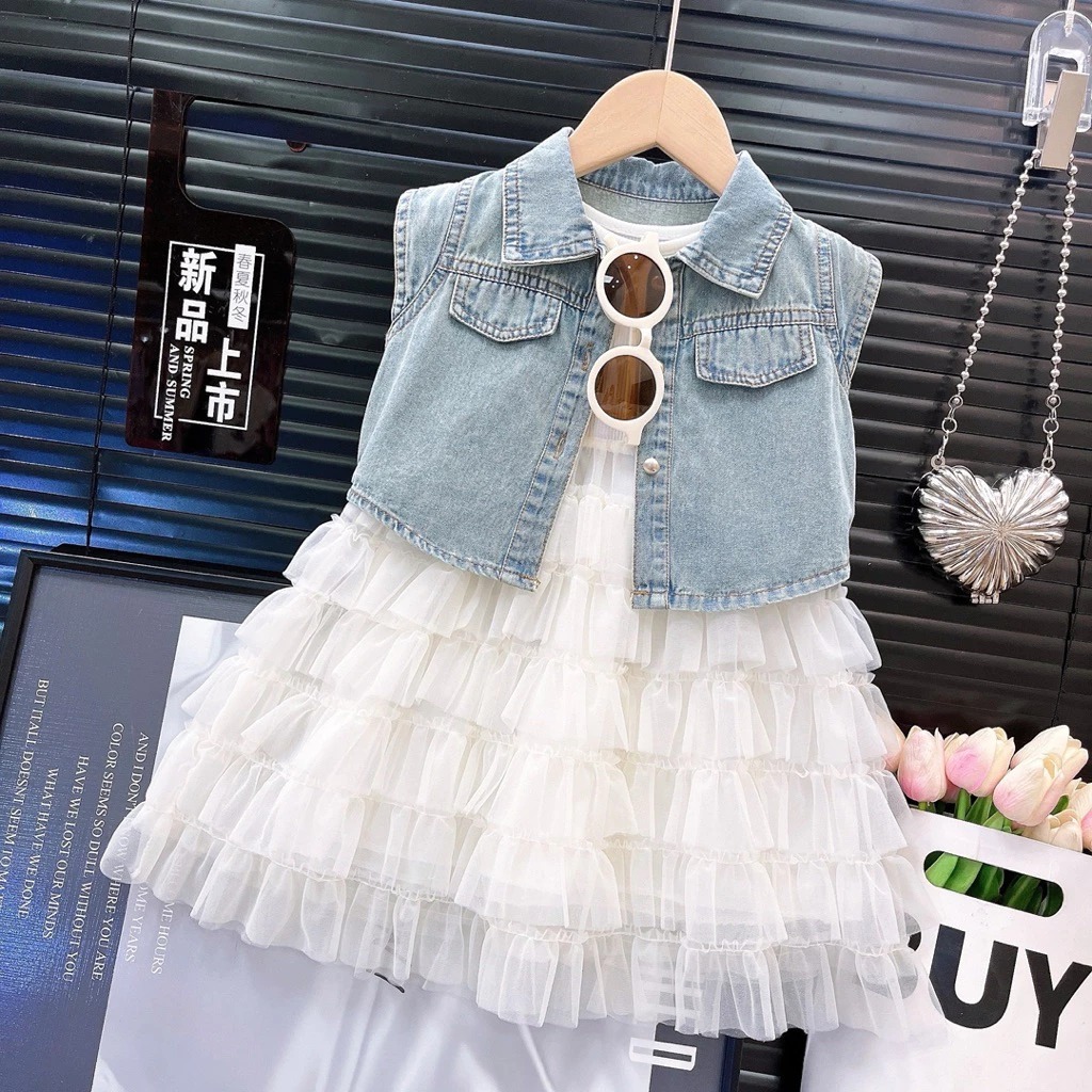 DaadaaKids 3-10 tahun stelan 2 in 1 outer denim dress tutu layer fashion Viral Anak Perempuan Termur