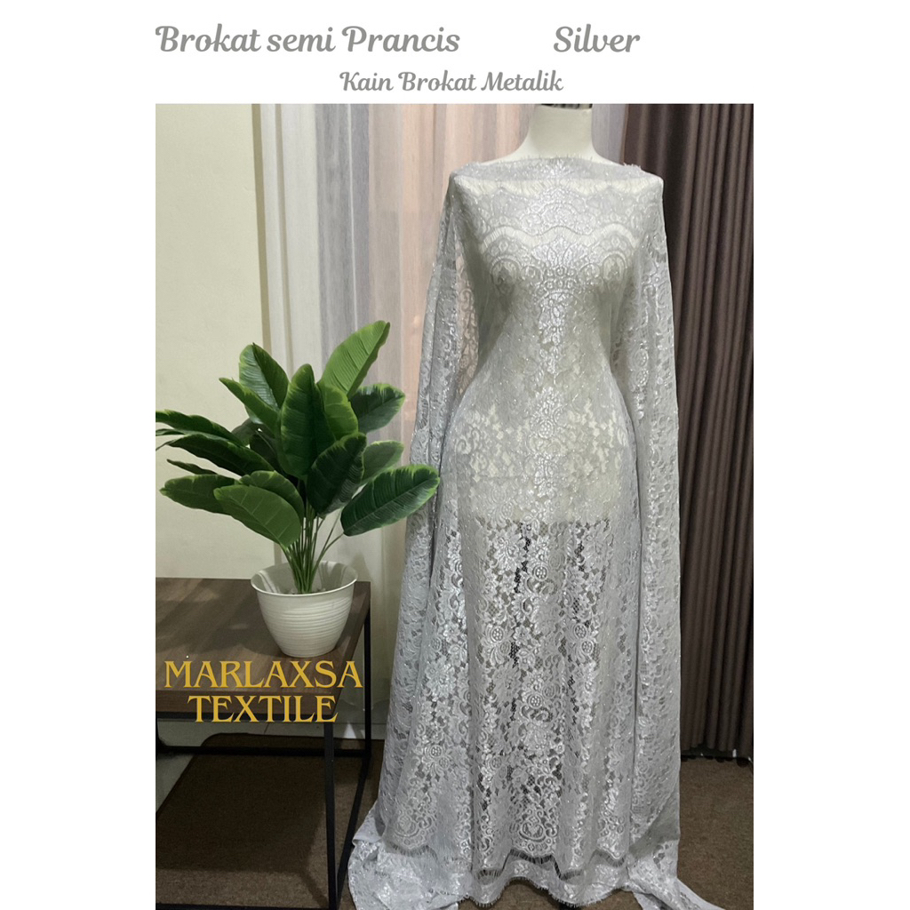 KAIN BROKAT PREMIUM SEMI PRANCIS METALIK WARNA SILVER | CORD LACE PANEL SEMI PRANCIS METALLIC SILVER