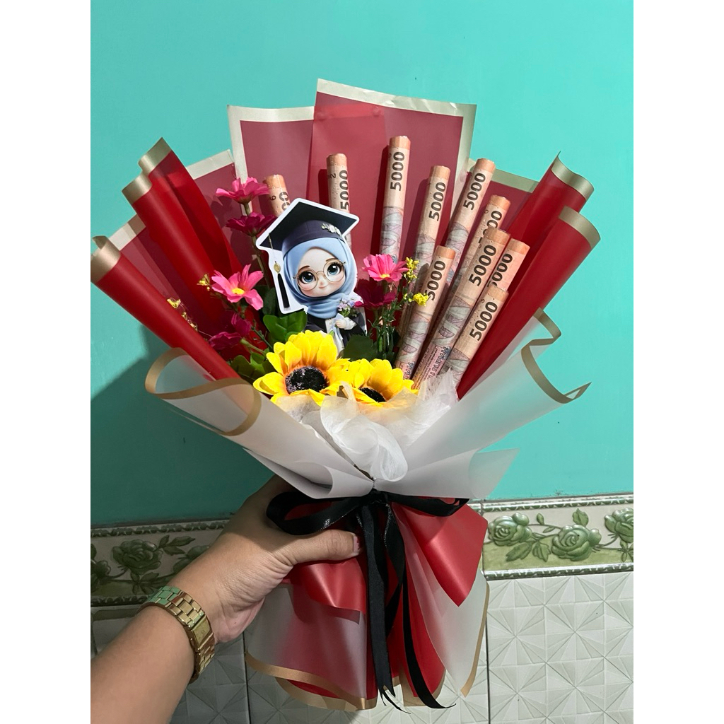 Buket Foto Ilustrasi + Bunga & Uang | Kado Wisuda / Ultah Kekinian