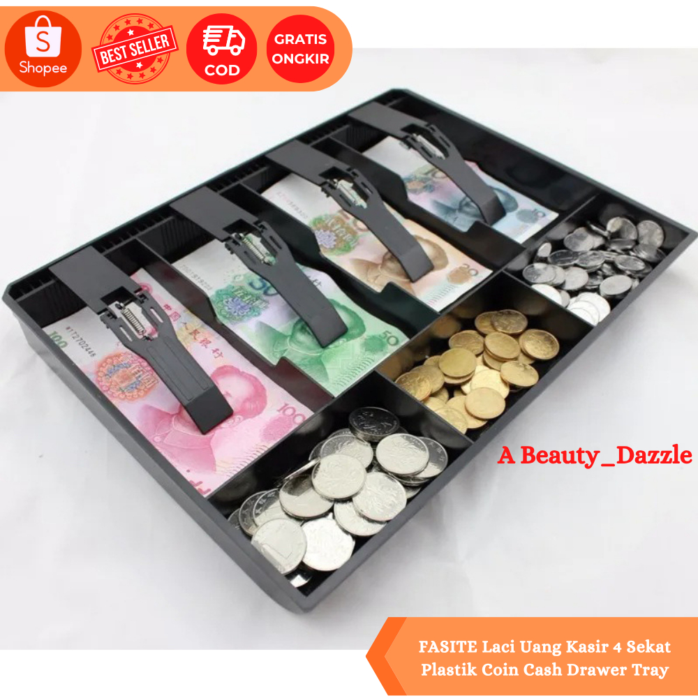 Laci Uang Kasir 4 Sekat Plastik Coin Cash Drawer Tray / Kotak Laci Uang Koin Kasir Penyimpanan