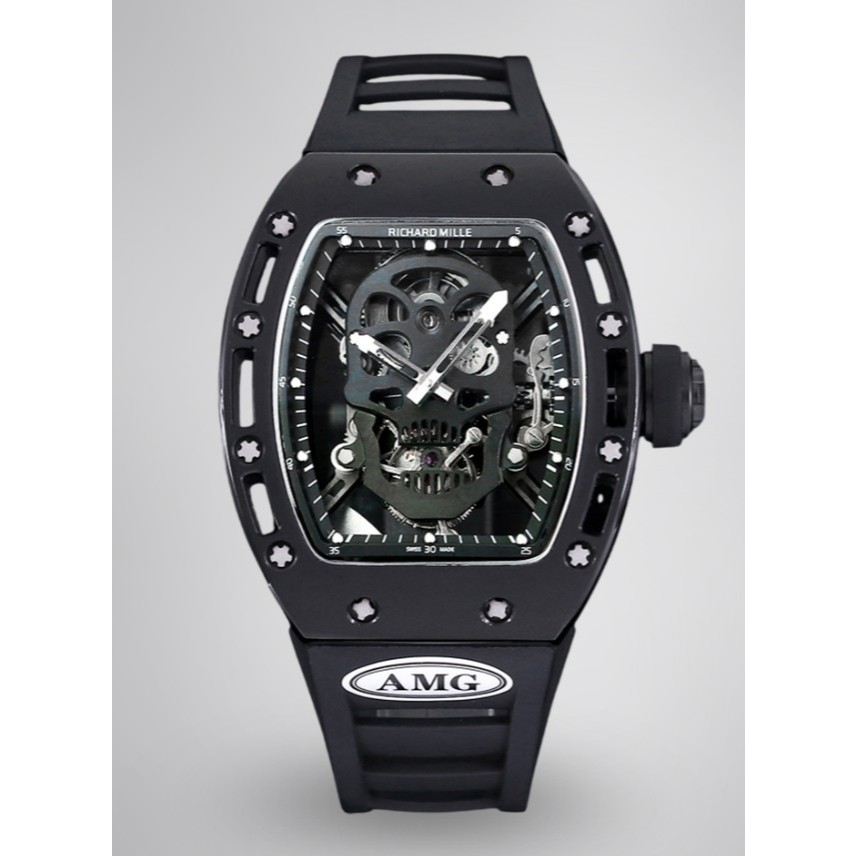 Jam Tangan 052 Replica Watch – Skeleton Tourbillon, Skull Face, Black Rubber Strap, By AMG Factory S