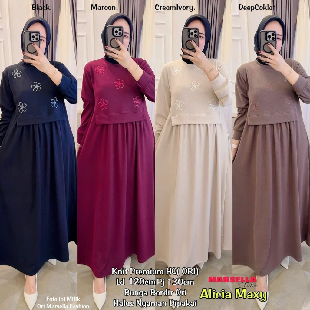COD= NO CANCEL• Alicia Maxy by Marsella• Dress Knit Motif Bunga Bordir Simple