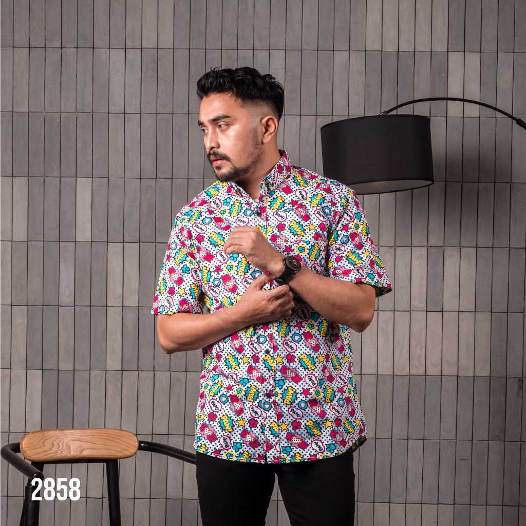 PAKAJI Kemeja Pria Pendek Printing Premium Motif White Urban Abstract Ethnic 2858