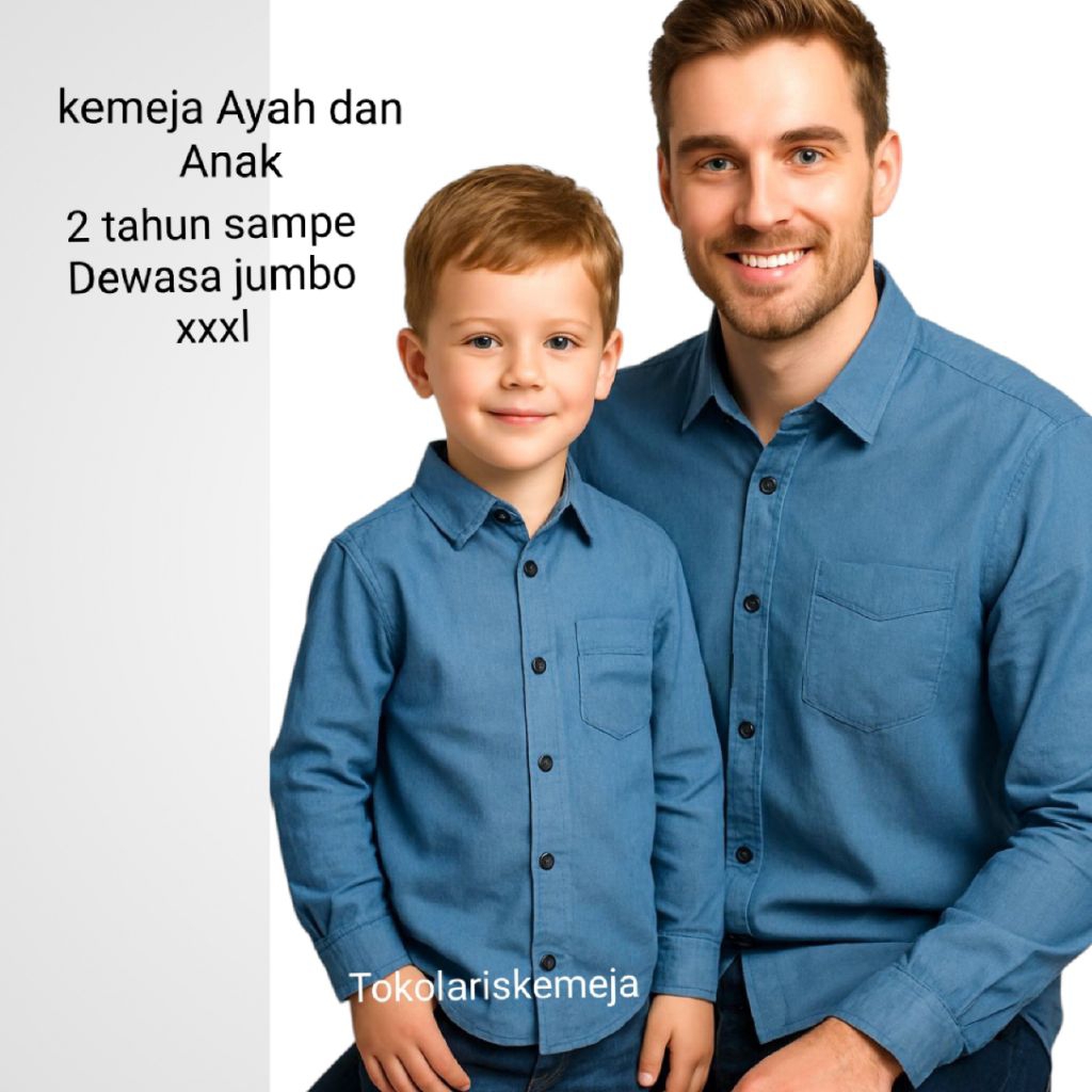 Kemeja Biru Denim gupy Ayah dan Anak steel blue