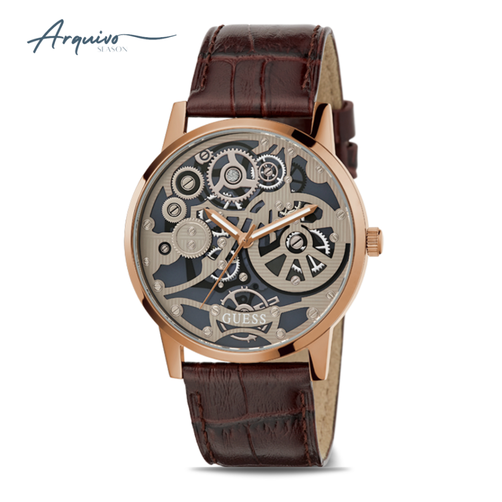 Jam Tangan Pria Guess Kulit Brown Case Rose Gold Casual Mewah Sporty Original GW0570G2