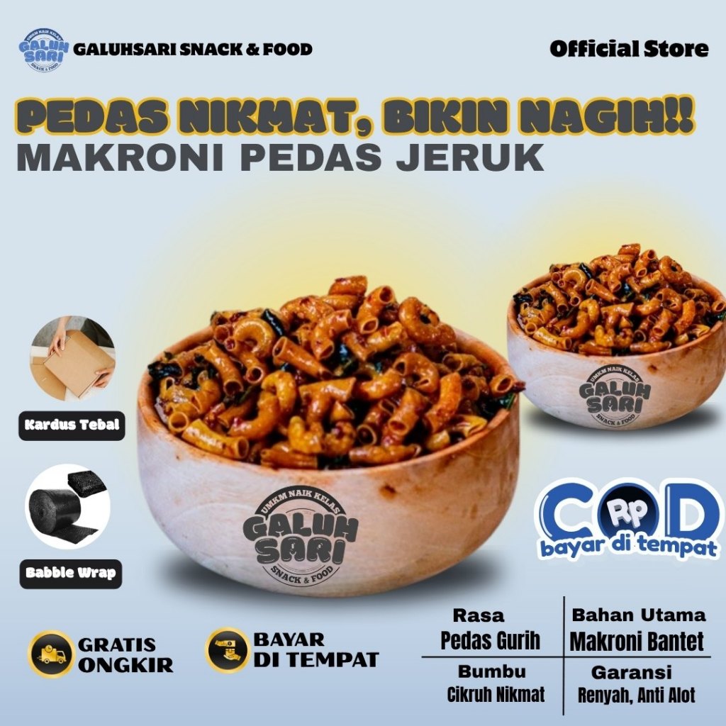 

Galuhsari - Cemilan Kiloan Makaroni Bantet Pedas Daun Jeruk Extra Bumbu Basah Cikruh Renyah Praktis