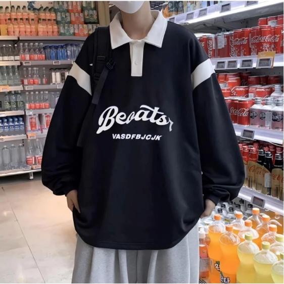 Versi Korea dari Polo Shirt Retro Jahitan Kerah Sweater Atasan Wanita Pria Lengan Panjang Bigsize Sw