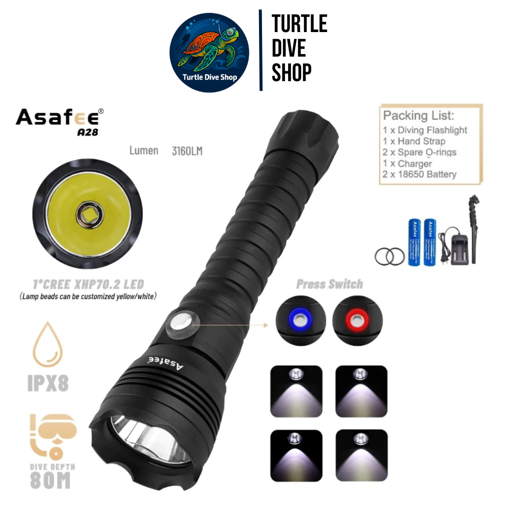 Senter Diving Asafee A28 LED Profesional 4000LM XHP70.2 Anti Air Include Charger dan Baterai senter 