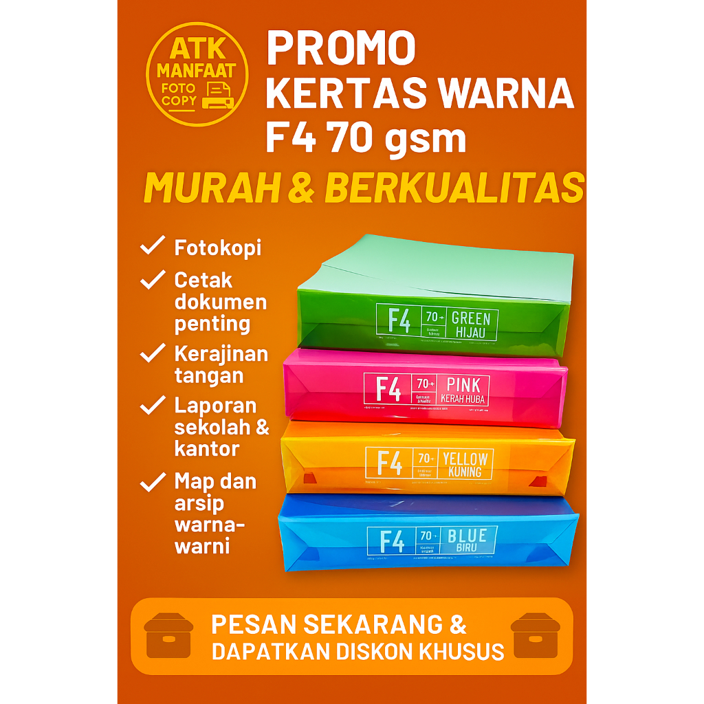 

Kertas WARNA SINAR DUNIA A4 & f4, 70 GSM – Cocok untuk Print & Fotokopi