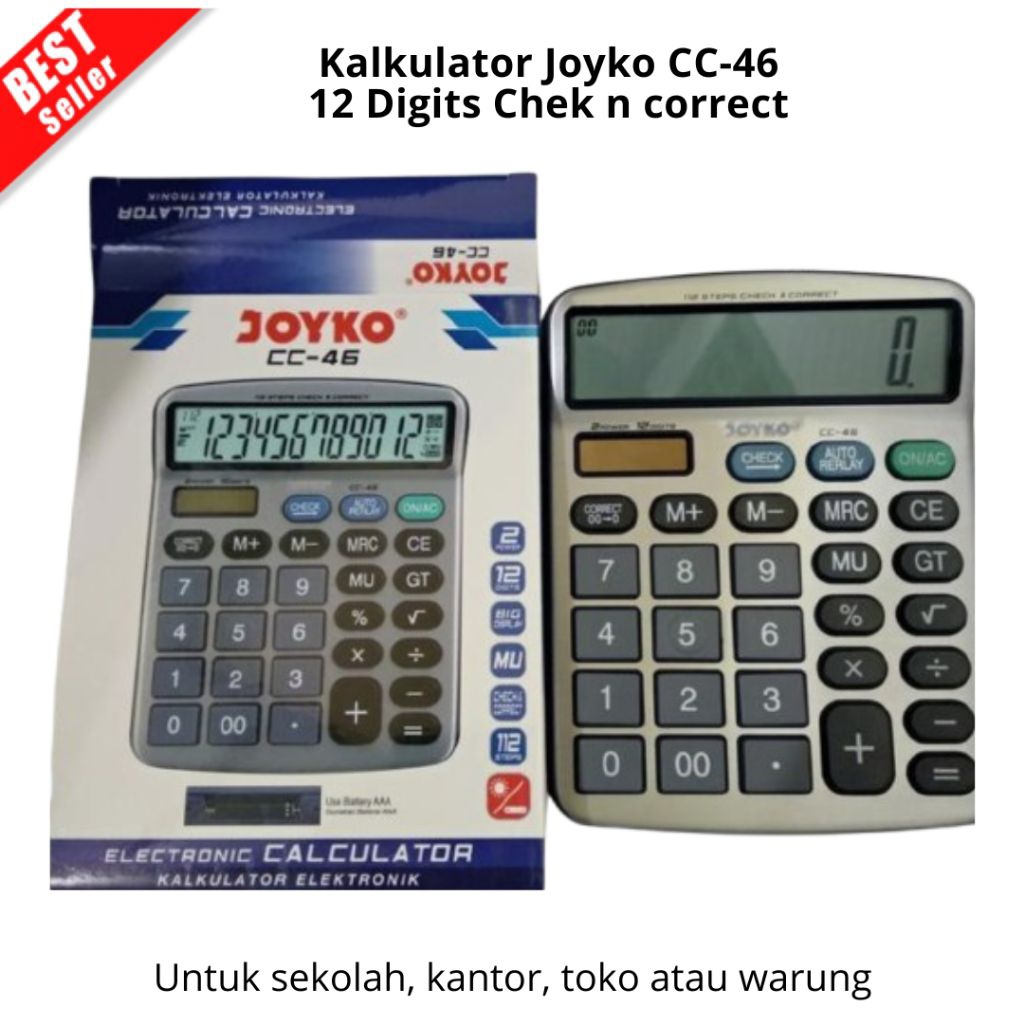 

Calculator Kalkulator Joyko CC-4612 Digits Check Correct untuk di warung sekolah kantor toko atau bisa dijual kembali