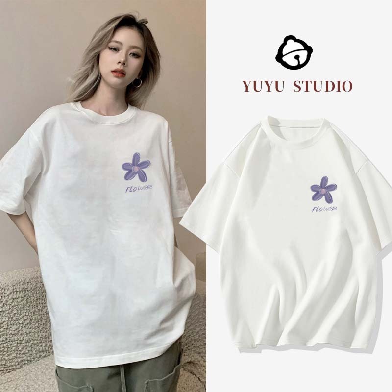 YUYU STUDIO Kaos oblong motif huruf BUNGA gaya malas Korea dengan motif bunga kecil | Baju Kaos Over