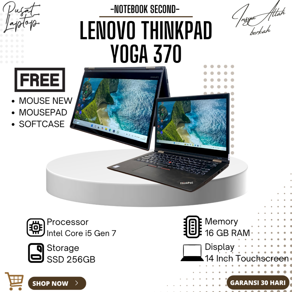 LAPTOP LENOVO THINKPAD YOGA 370 SECOND | INTEL CORE I5 GEN 7 | RAM 16GB | SSD 256GB | TOUCHSCREEN