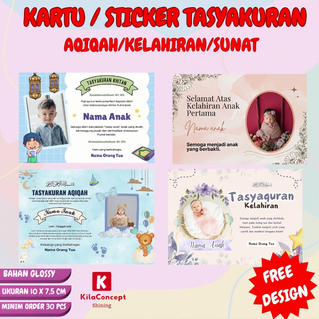 

kartu dan stiker tasyakuran| sunat | aqiqah | kelahiran| stiker dan kartu aqiqah| stiker dan kartu sunat | stiker dan kartu kelahiran | khitan