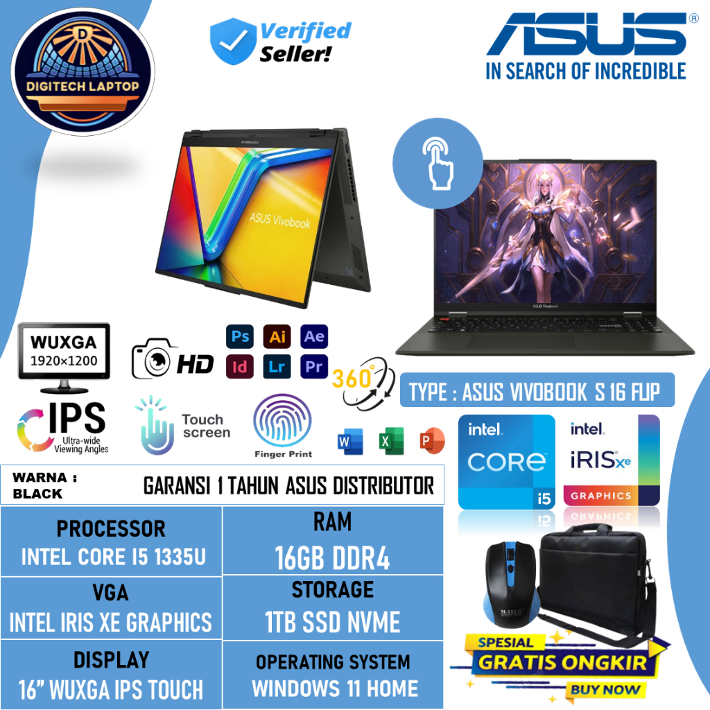 Laptop Touchscreen Asus Vivobook S 16 Flip TP3604VA Intel Core i5 1335U 16GB 1TB SSD 16 Inch WUXGA W