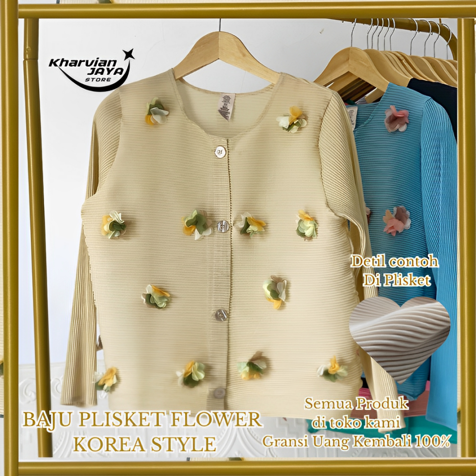 Atasan Blouse Plisket Motif Bunga Lengan Panjang Premium IMPOR / Blouse Wanita Plisket Motif Flower 