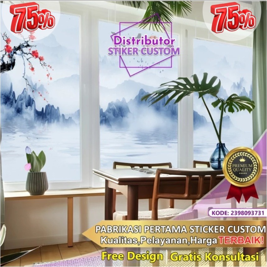 Sticker Custom 3D Tema Chinnoserie | Stiker Kaca Kantor | Stiker Kaca | Sticker Kaca Pintu | Sticker