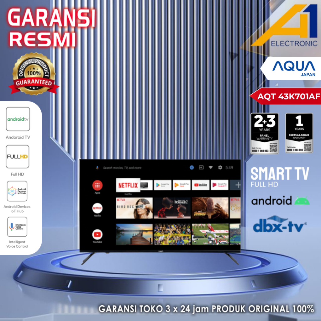 Aqua Android TV AQT43K701AF, Televisi 43" inch Resolusi 4K UHD, Youtube & Dolby Audio Series Terbaru