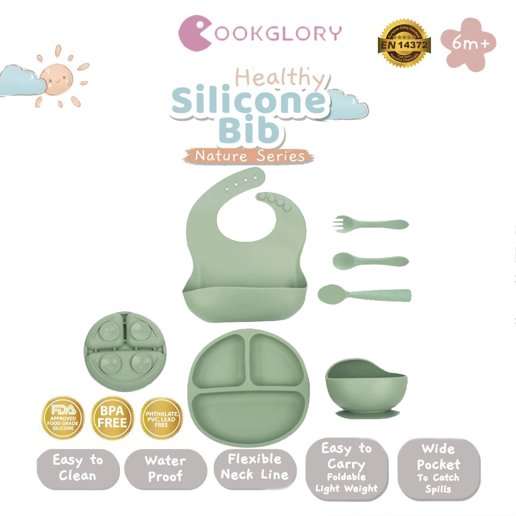 COOKGLORY Set Piring Makan Bayi Silikon - Piring Silikon Bebas BPA & Set Makan Penting