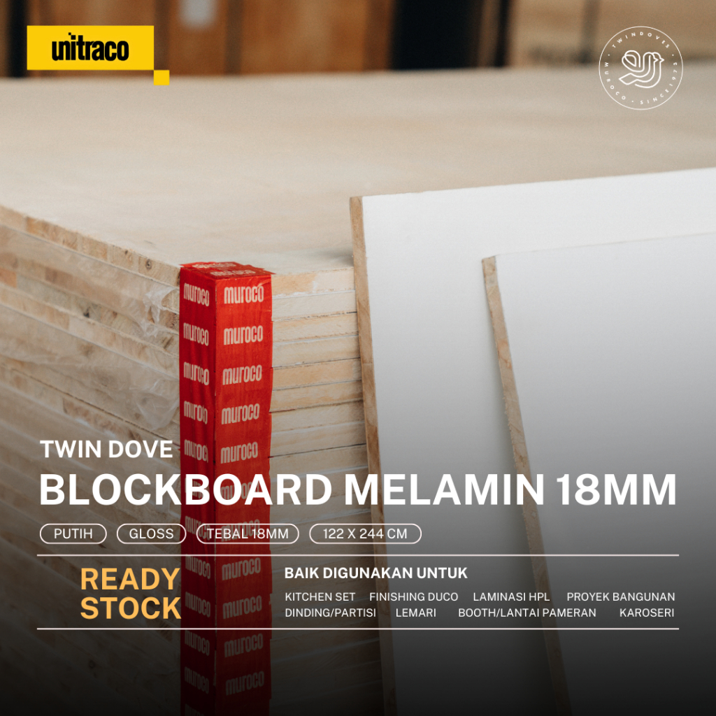 Twin Dove - Blokmin Blockboard Melamin 18mm (1 muka) Kilap/Gloss - Ukuran 122 x 244 cm – Putih