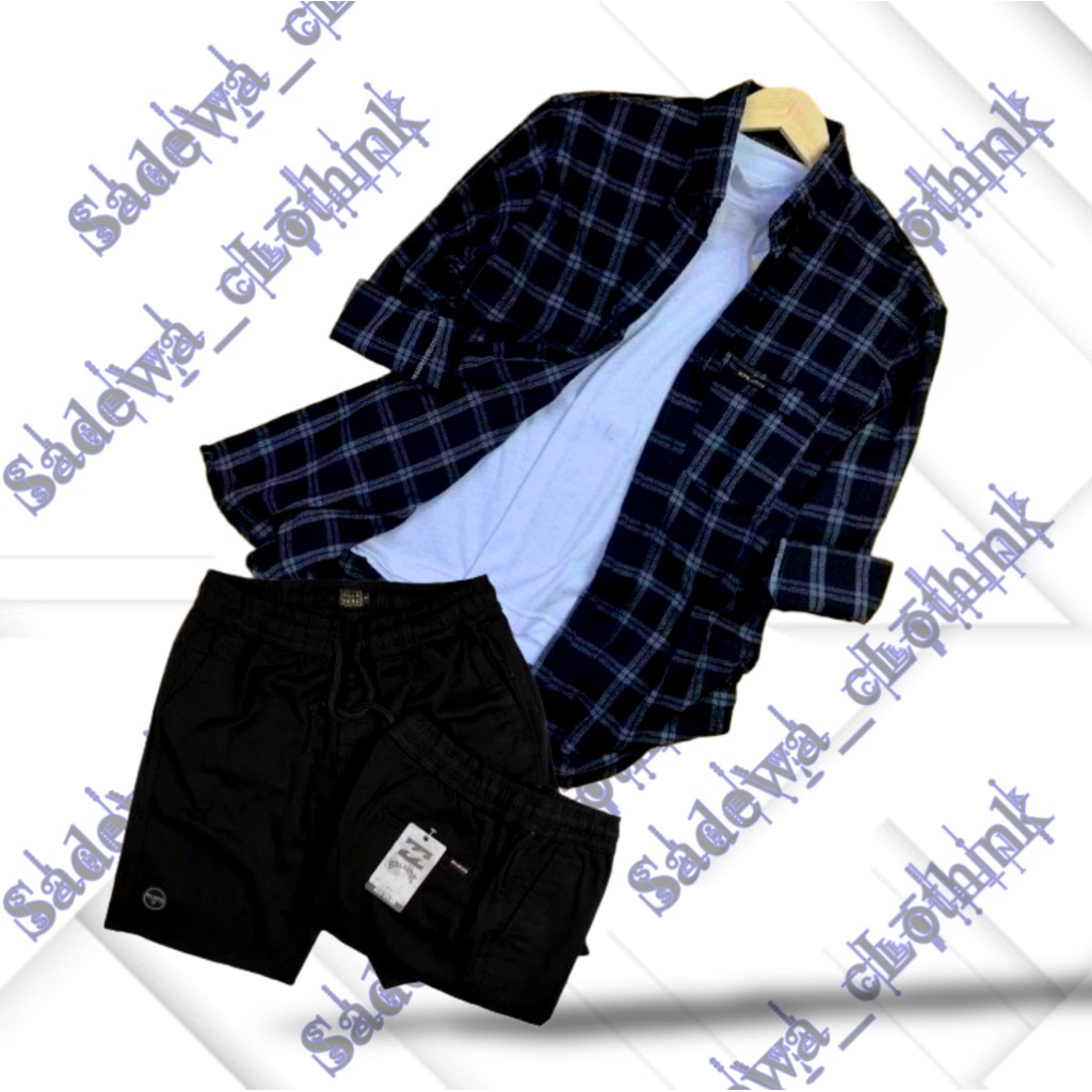One Set Stelan Pria Terbaru Kotak Kotak Kemeja Flanel Lengan Panjang Celana Pendek Pria Dewasa Distr
