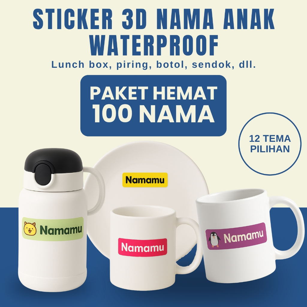

100 PCS Stiker Barang Custom Nama Piring Sendok Botol Gelas Perabotan timbul waterproof label