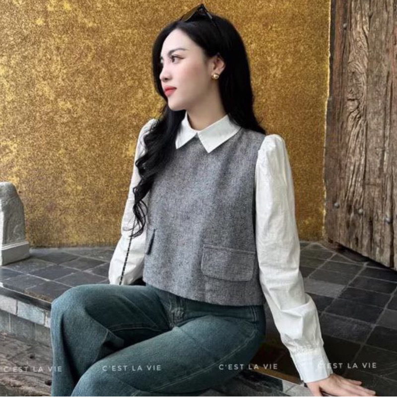 ATASAN CROP VEST SATU SET BAJU WANITA CROP KOMBINASI VEST BLAZER | ATASAN WANITA LENGAN PANJANG KEME