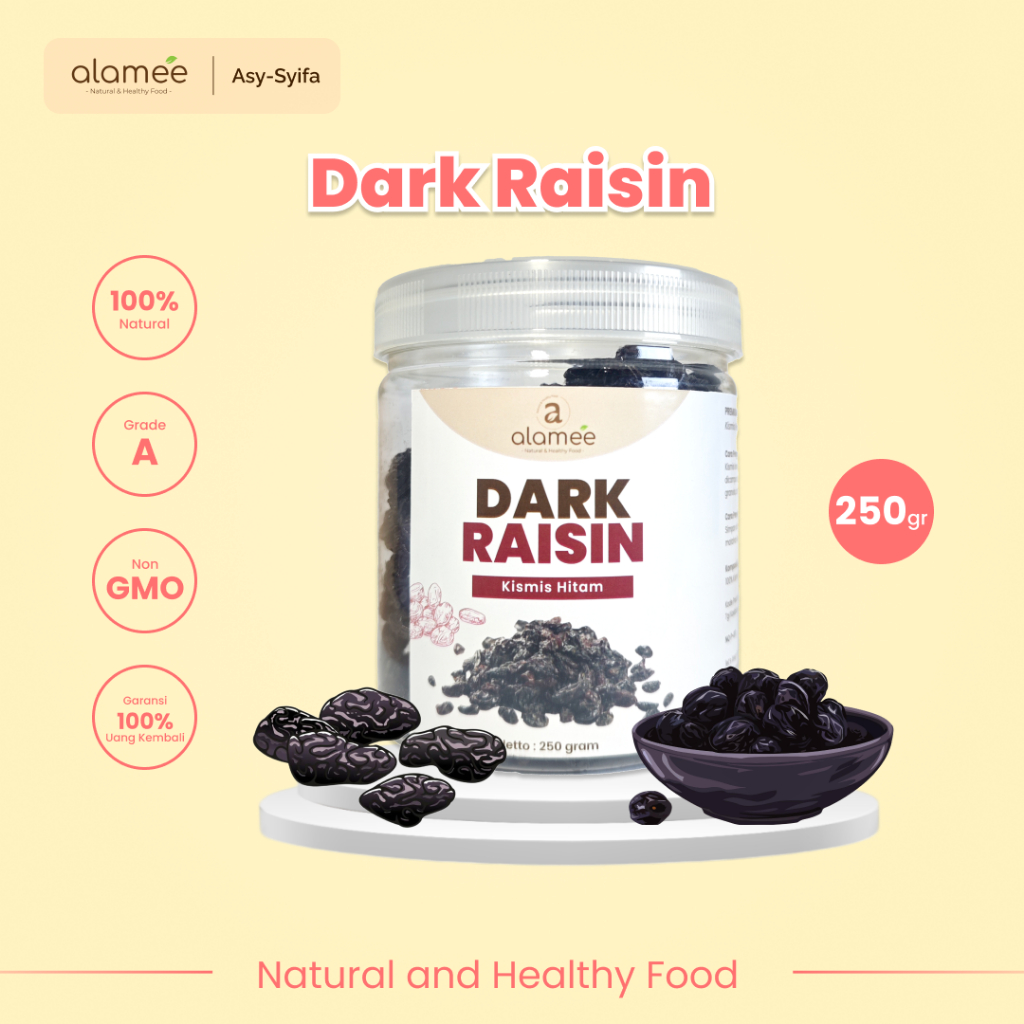 

ALAMEE Dark Raisin Cemilan Buah Sehat Kismis Hitam Manis Dried Fruit Black Raisin PREMIUM 250gr