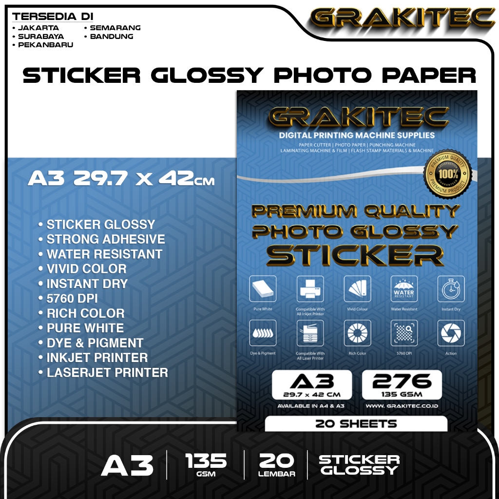 

KERTAS STICKER A3 - GLOSSY PHOTO STICKER 135 GSM FOTO GLOSSY STICKER ( SUPPORT PRINTER EPSON CANON